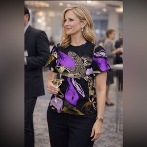 ELLERY Short Sleeve 100% Silk Colorful Abstract Print Crew Neck Top